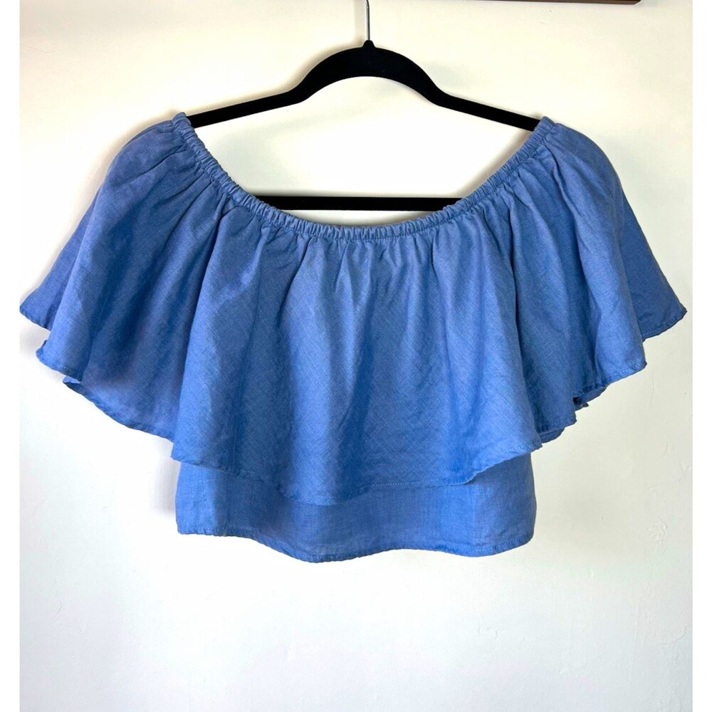 Reformation Blue Off-the-Shoulder Ruffle Flutter Short Sleeve Blouse XS